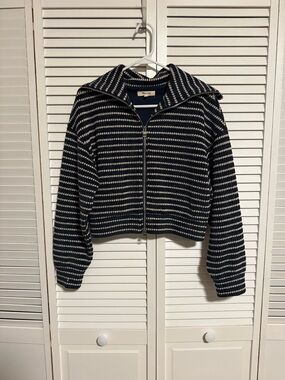 Madewell Navy and Ivory Knit Zip-Up Sweater Jacket